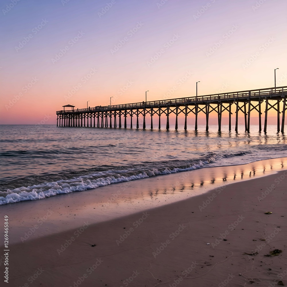 Fototapeta premium Golden Hour Beach Scene with Gentle Waves and a Wooden Pier