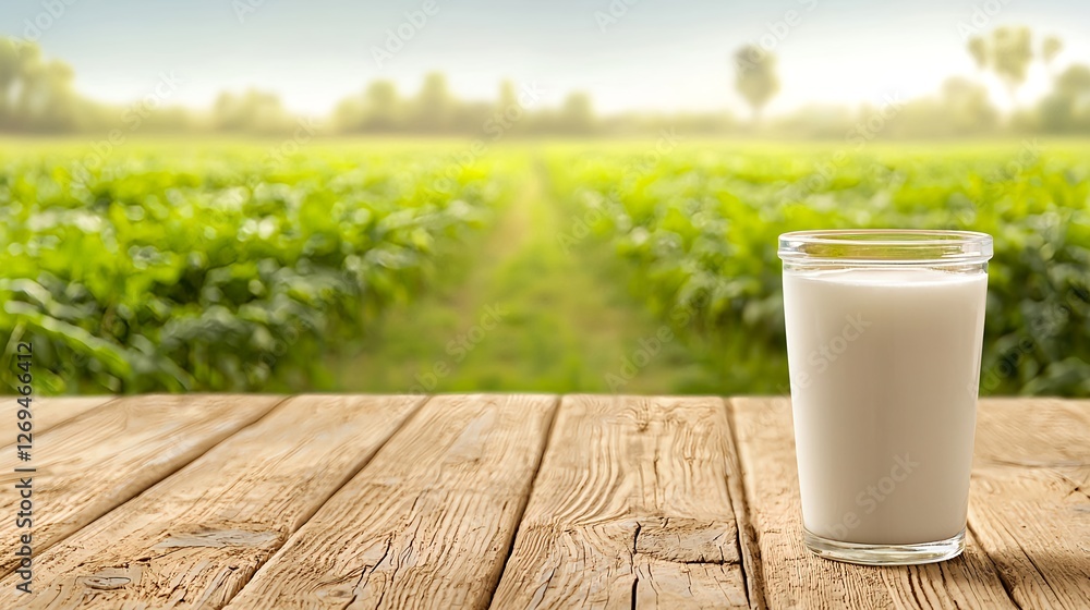 Fresh Milk in Glass on Wooden Table with Green Field Background Fresh Milk in Glass on Wooden Table with Green Field Background