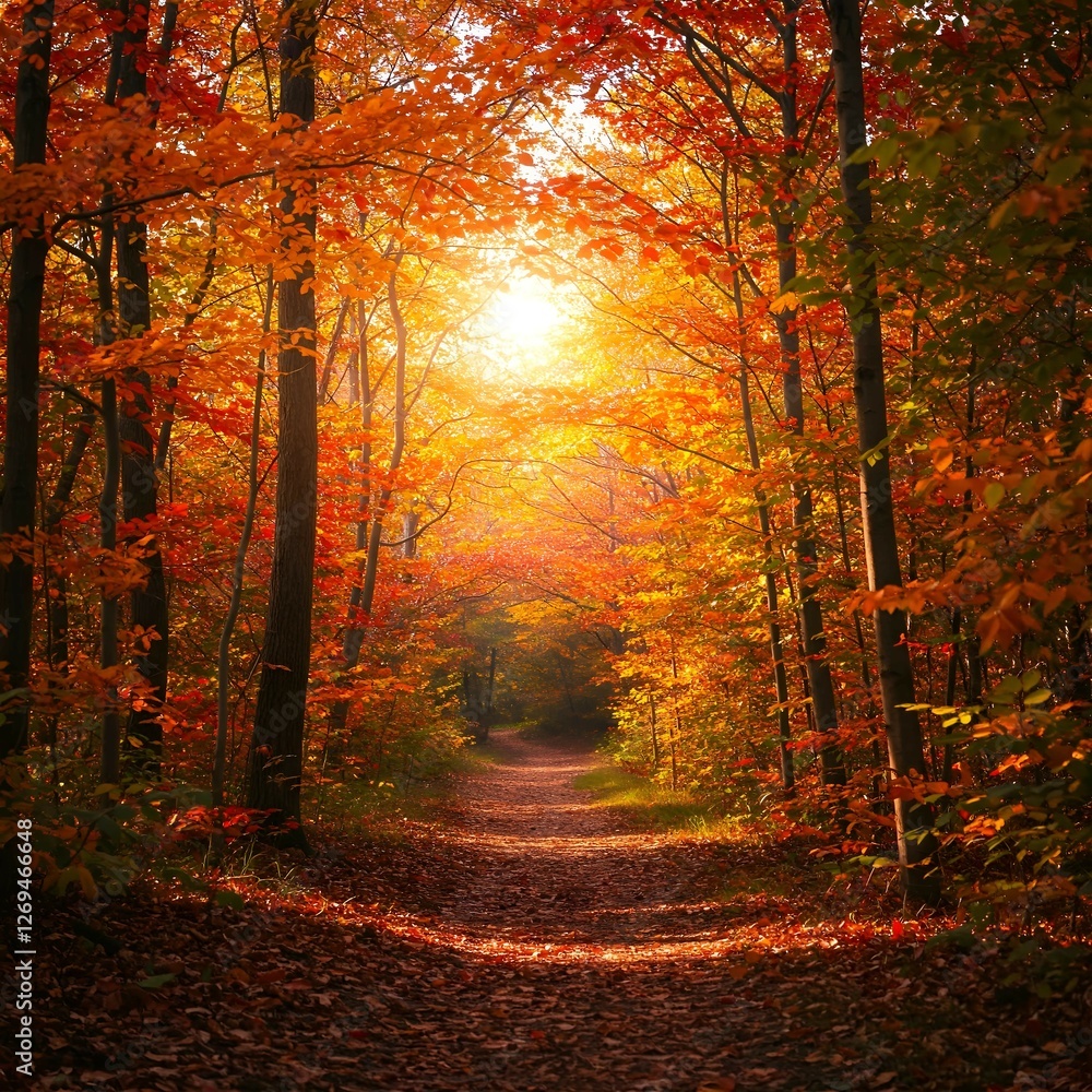 Obraz premium Vibrant Autumn Forest with Sunlight Streaming Through Red and Yellow Leaves autumn forest in the morning 4k hd high quality wallpaper background picture 