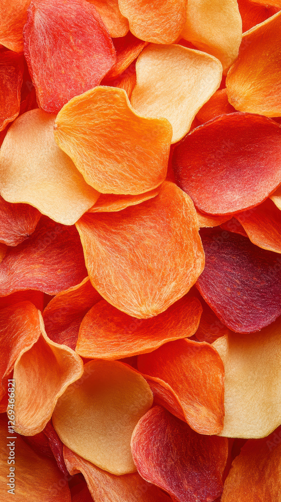 Fototapeta premium Vibrant dried vegetable chips in assorted red and orange colors for healthy snacking concept