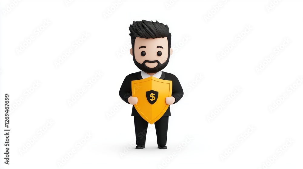 Cartoon character in suit holding shield with dollar sign representing finance protection concept Cartoon character in suit holding shield with dollar sign representing finance protection concept