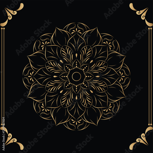 Luxury mandala design black background in gold color