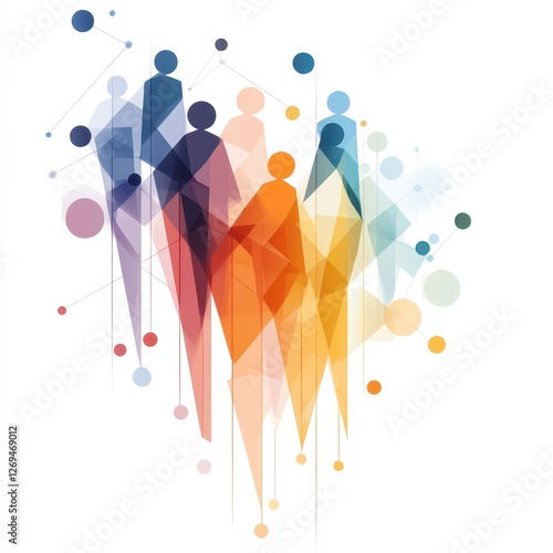 Abstract illustration of stylized figures in vibrant colors, representing diversity and community, with geometric shapes and circles enhancing the visual appeal.