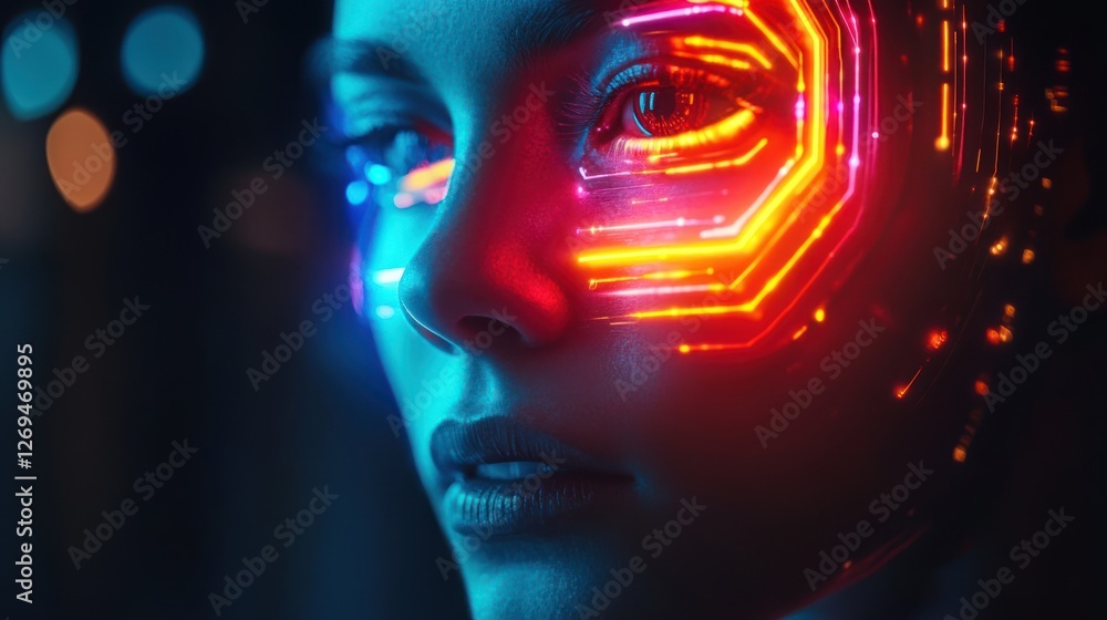 Obraz premium Futuristic cyborg with rainbow glowing circuits
