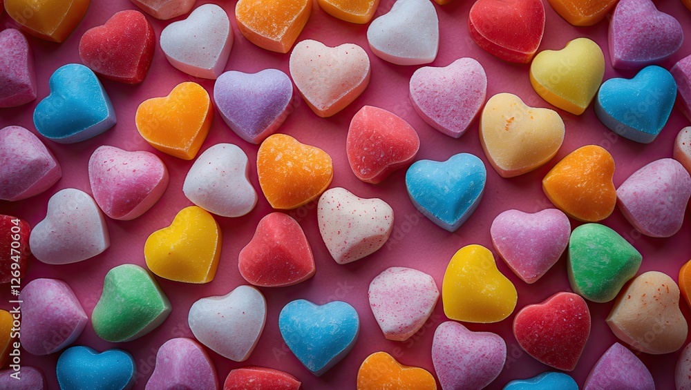 Colorful heart-shaped candies scattered on a pink background, creating a vibrant and playful atmosphere Colorful heart-shaped candies scattered on a pink background, creating a vibrant and playful atmosphere
