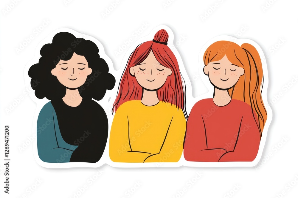 A joyful illustration of three young women, each wearing colorful clothing, exuding warmth and happiness through their cheerful expressions and friendly demeanor in a stylized form. A joyful illustration of three young women, each wearing colorful clothing, exuding warmth and happiness through their cheerful expressions and friendly demeanor in a stylized form.