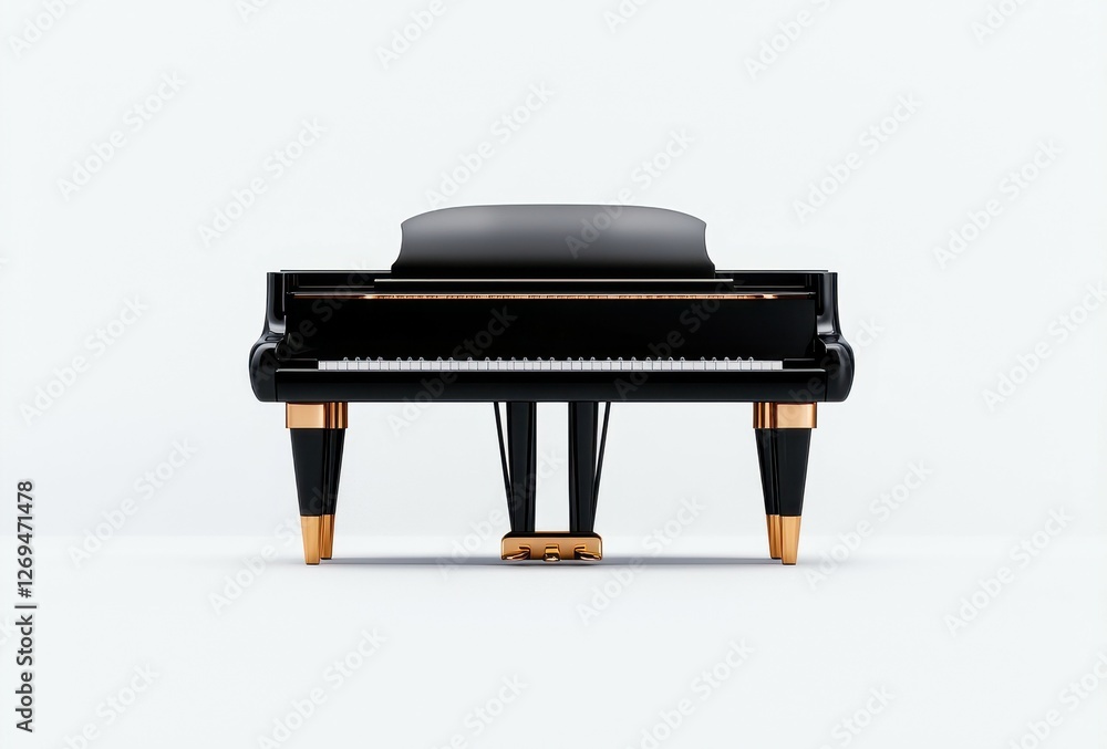Elegant Black Grand Piano on a Minimalist White Background with Gold Accents and Shine Finish Elegant Black Grand Piano on a Minimalist White Background with Gold Accents and Shine Finish