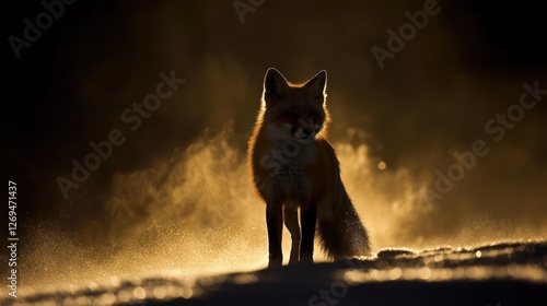 Silhouette fox in snow at sunrise; wildlife photo