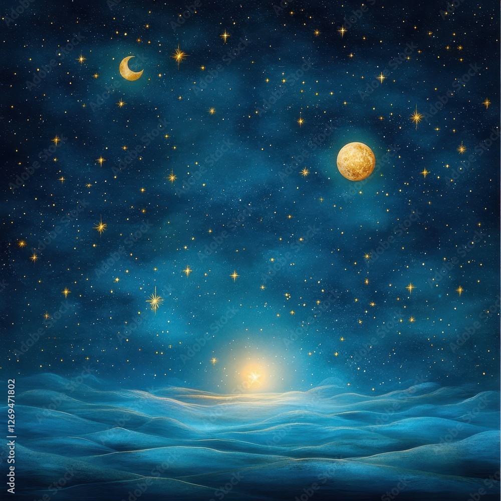 Fototapeta premium Celestial Night Sky with Stars, Moon, and Dreamy Ocean Waves