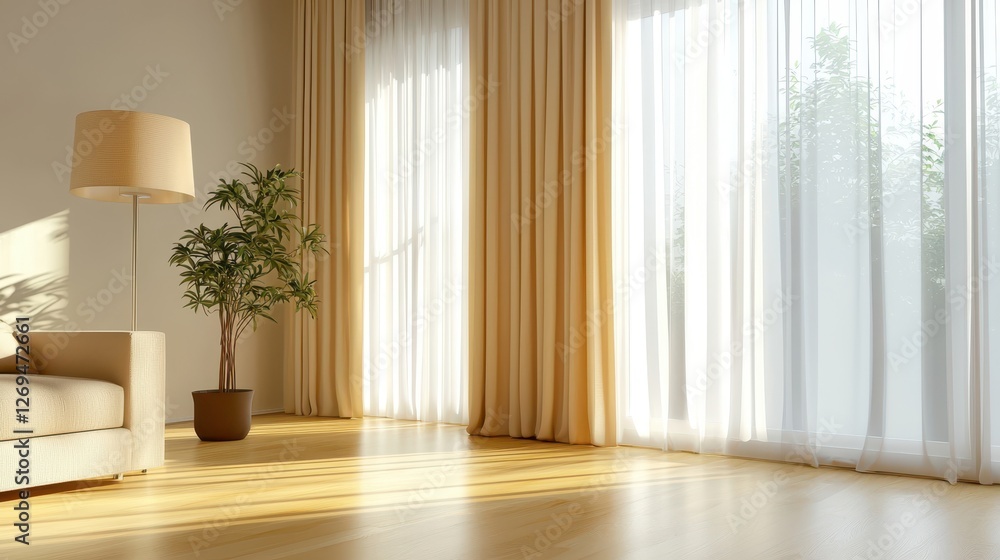 Fototapeta premium Bright and Airy Modern Living Room with Large Windows and Drapes