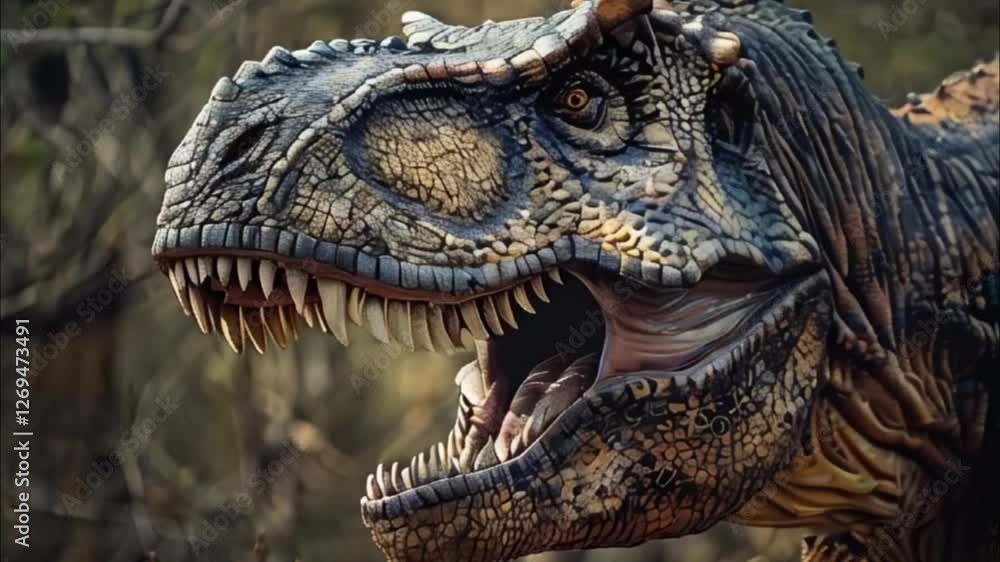 Scary hungry dinosaur with kind eyes and sharp teeth destroying public park