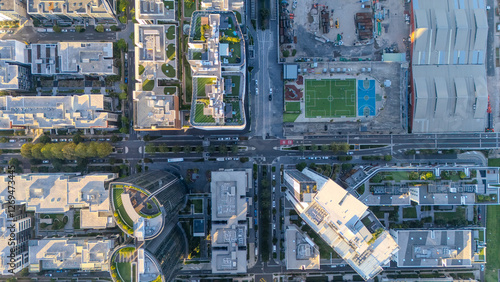 Aerial Drone view looking down on Commercial Suburb of Burwood in Sydney residential houses in suburbia suburban house roof tops and streets park NSW Australia 