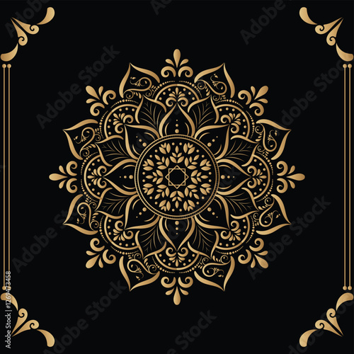 Luxury mandala design black background in gold color