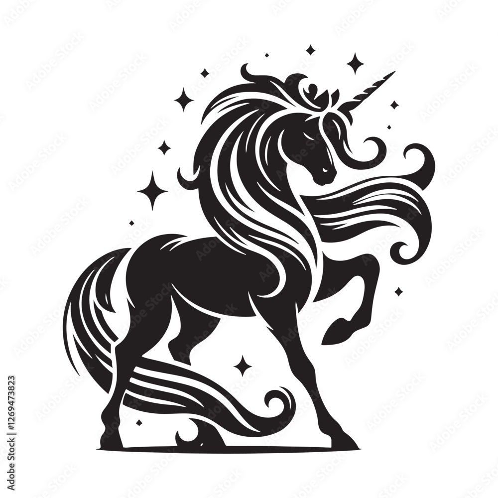 Obraz premium Ethereal Unicorn silhouette standing in a dreamy pose - Unicorn illustration - Minimalist Unicorn vector - Mythical creature silhouette 