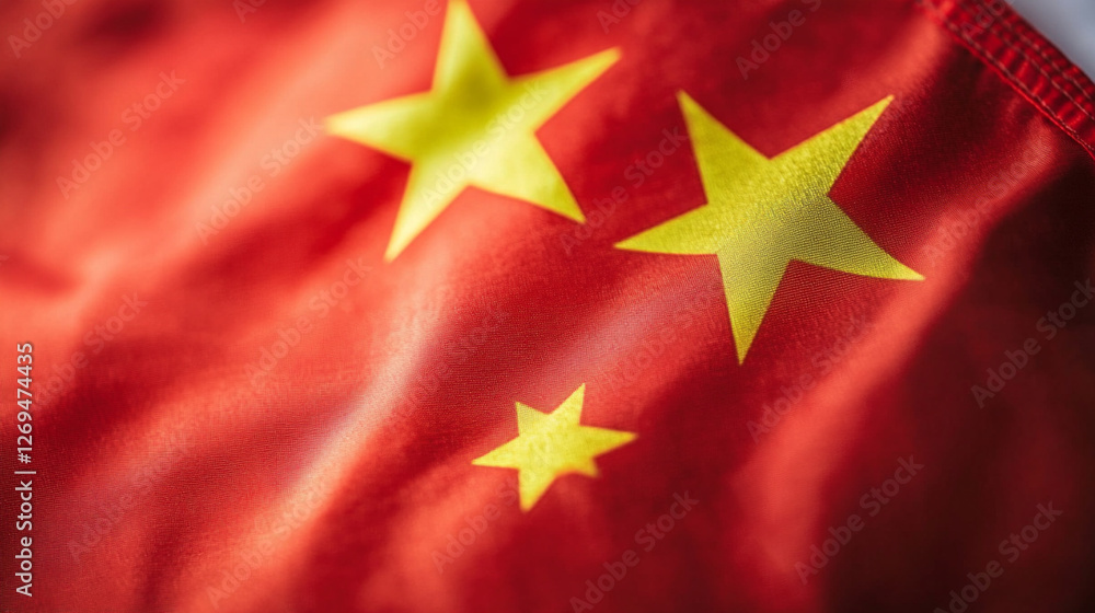 Close-up view of the Chinese flag, showcasing the vibrant red and yellow colors. The stars represent unity and the rich cultural heritage of China, a symbol of national pride. Close-up view of the Chinese flag, showcasing the vibrant red and yellow colors. The stars represent unity and the rich cultural heritage of China, a symbol of national pride.