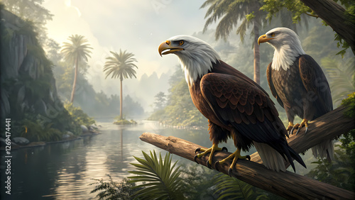 Majestic Bald Eagles Overlooking Serene Tropical River