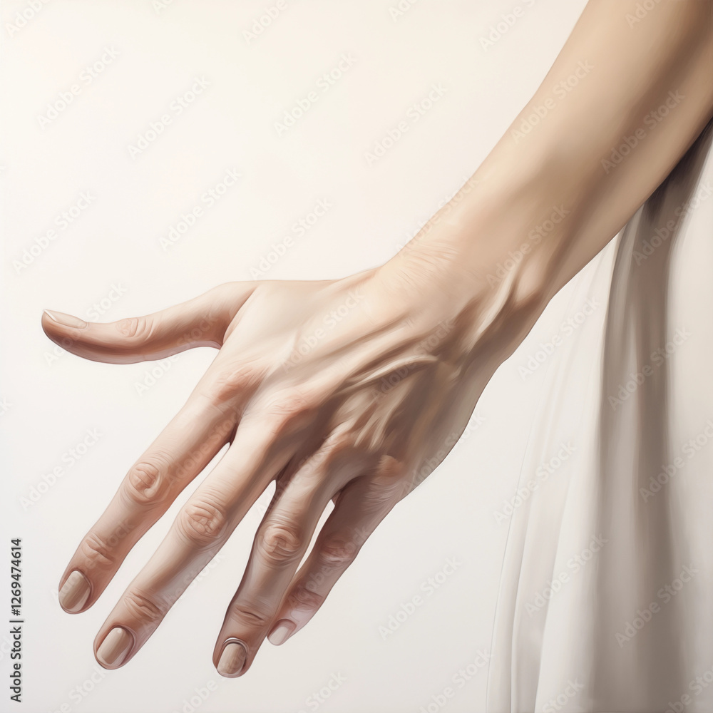 Fototapeta premium Womans Hand Beige Nails White Fabric Closeup