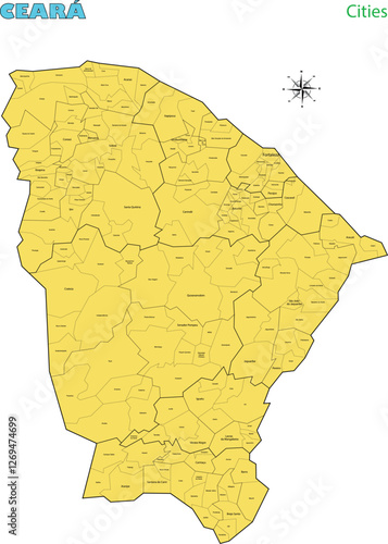 Map of the territory of the state of Ceará with divisions by highlighted cities, vector with simple lines of political divisions