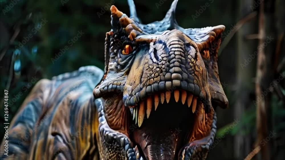Scary hungry dinosaur with kind eyes and sharp teeth destroying public park Scary hungry dinosaur with kind eyes and sharp teeth destroying public park