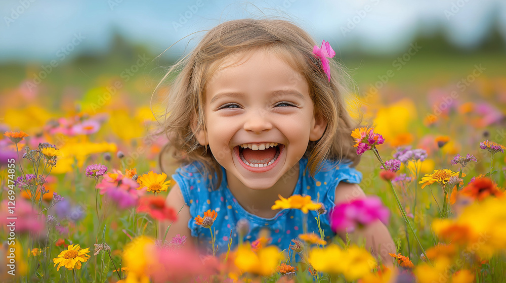 Beneath a bright sky, a young girl lies in a colorful meadow, laughing joyfully among blooming flowers. Her carefree spirit radiates happiness, celebrating nature's beauty Beneath a bright sky, a young girl lies in a colorful meadow, laughing joyfully among blooming flowers. Her carefree spirit radiates happiness, celebrating nature's beauty
