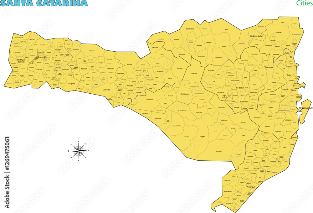 Obraz premium Map of the territory of the state of Santa Catarina with divisions by highlighted cities, vector with simple lines of political divisions