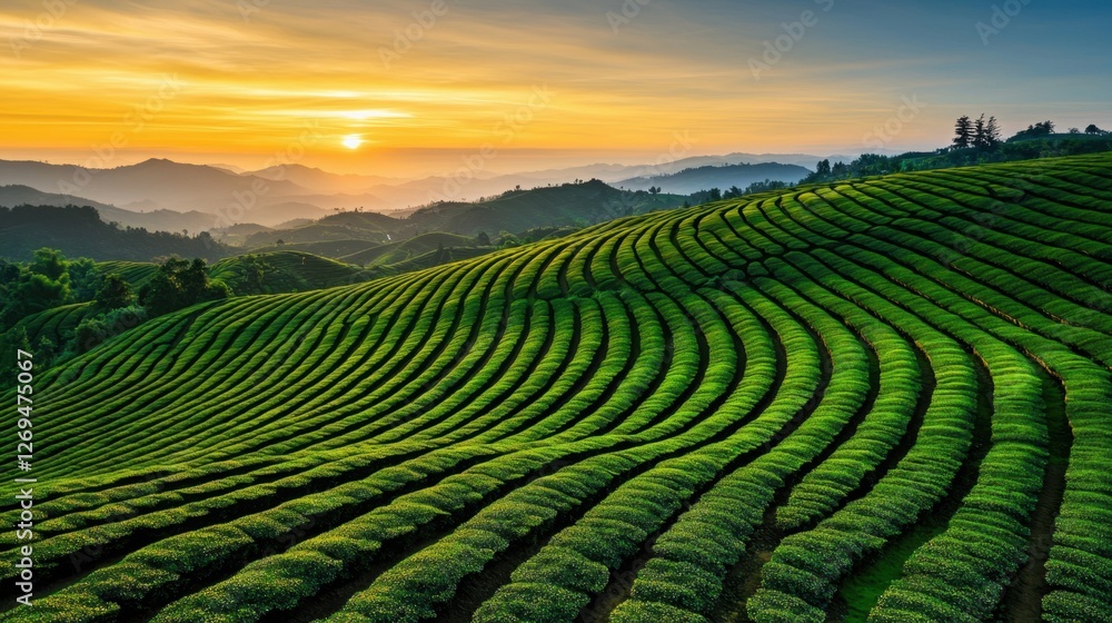 Coffee Agriculture Concept, Aerial View of Geometric Coffee Fields Under Stunning Sunrise Lighting in Lush Landscape Coffee Agriculture Concept, Aerial View of Geometric Coffee Fields Under Stunning Sunrise Lighting in Lush Landscape