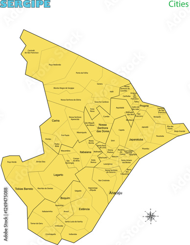Map of the territory of the state of Sergipe with divisions by highlighted cities, vector with simple lines of political divisions