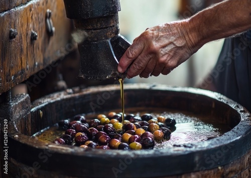 hand pressing olives to make oil with a traditional wooden press