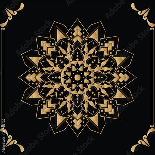 Luxury mandala design black background in gold color