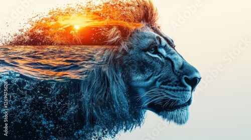 Majestic Lion with Sunset and Ocean Double Exposure Illustration