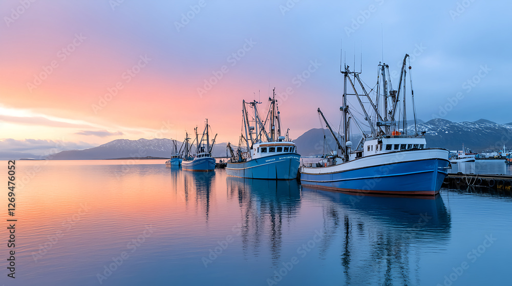 Fototapeta premium serene harbor at sunset with fishing boats reflecting on calm waters