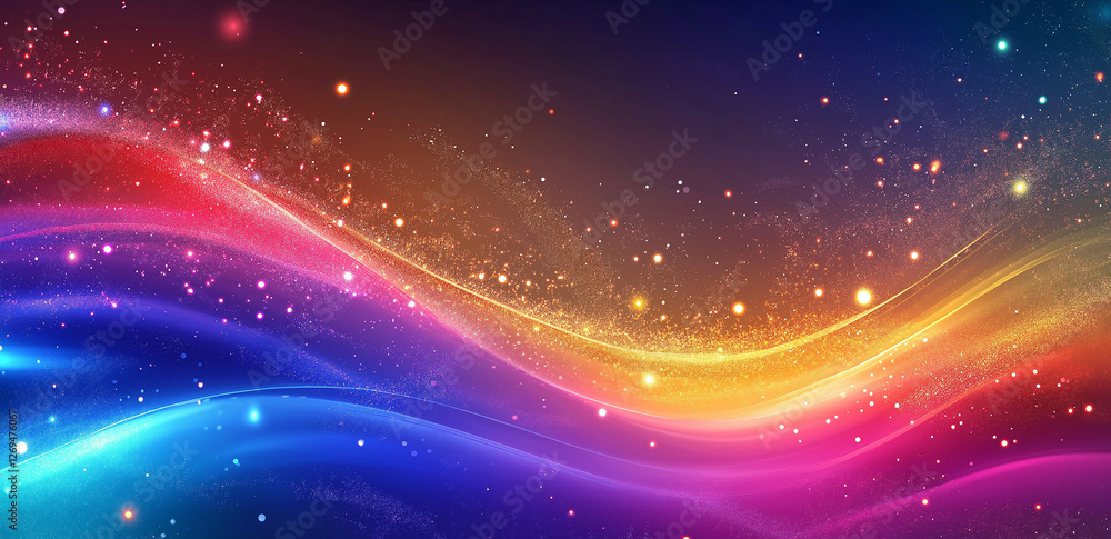 Rainbow-colored light waves and particles intertwine, creating a dreamy festive atmosphere with a modern technological light effect. Rainbow-colored light waves and particles intertwine, creating a dreamy festive atmosphere with a modern technological light effect.