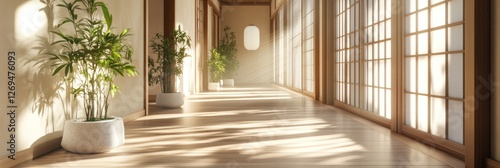 Sunlit Corridor With Plants In Minimalist Japanese Style Home photo