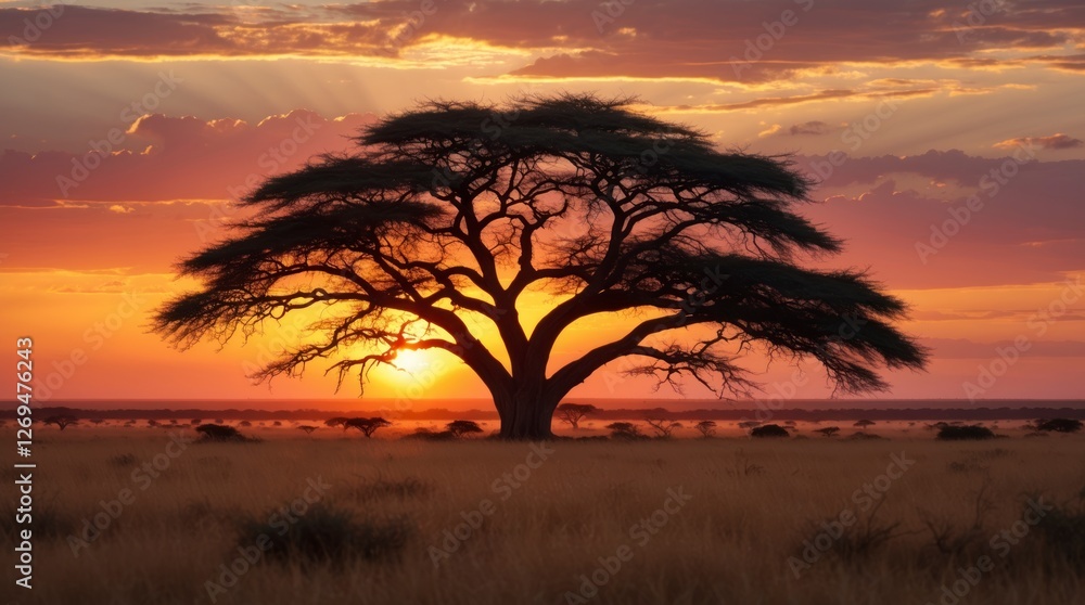African Sunset Landscape Stunning Silhouette Tree African Sunset Landscape Stunning Silhouette Tree