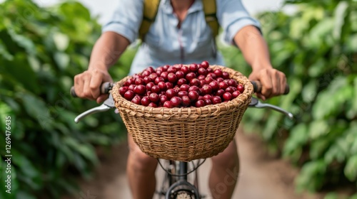 Coffee Agriculture Concept, Coffee Farmer Riding Bicycle Through Lush Plantation Carrying Freshly Harvested Coffee Cherries in Basket