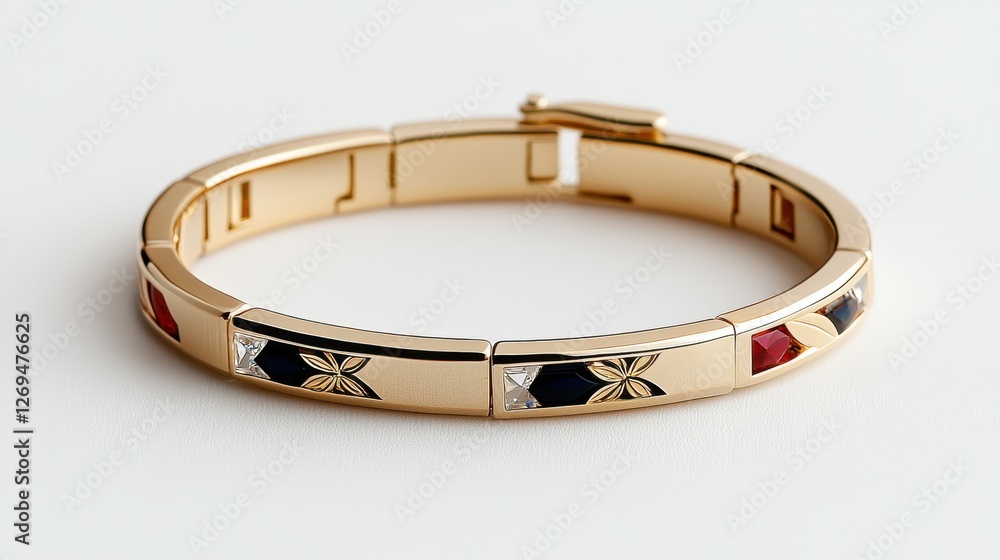 Elegant Gold Bracelet with Colorful Inlays and Unique Design for Fashion Accessories Collection Elegant Gold Bracelet with Colorful Inlays and Unique Design for Fashion Accessories Collection