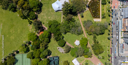 Photography Drone view looking down on Commercial Suburb of Burwood in Sydney residential ho