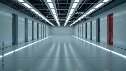 Futuristic Corridor with Bright Lights and Doors - Modern Architecture Interior