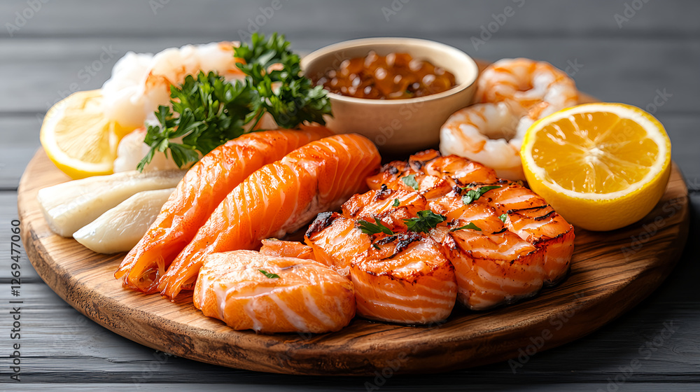 Fresh seafood platter featuring grilled salmon, shrimp, and lemon slices Fresh seafood platter featuring grilled salmon, shrimp, and lemon slices
