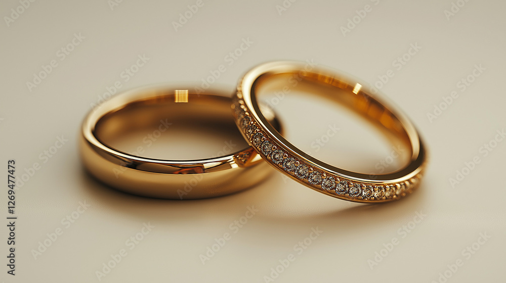 Two exquisite gold wedding rings rest gracefully on a soft surface, their polished surfaces reflecting light. One features stunning diamonds, highlighting the beauty of eternal love Two exquisite gold wedding rings rest gracefully on a soft surface, their polished surfaces reflecting light. One features stunning diamonds, highlighting the beauty of eternal love