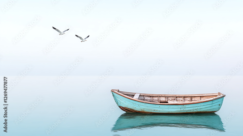 Naklejka premium serene fishing boat floats on calm waters, with seagulls flying above
