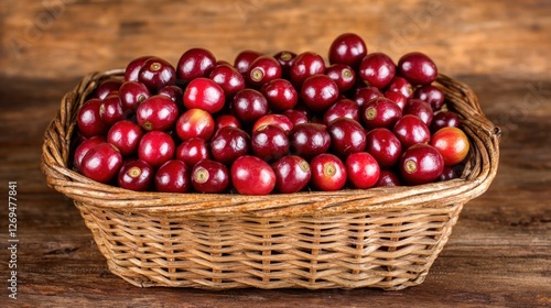 Coffee Agriculture Concept, Rustic Basket Filled with Freshly Harvested Coffee Cherries Against a Wooden Background