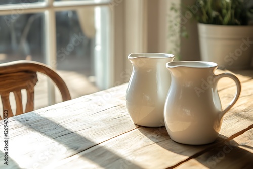 Elegant White Creamers on Rustic Wooden Table photo