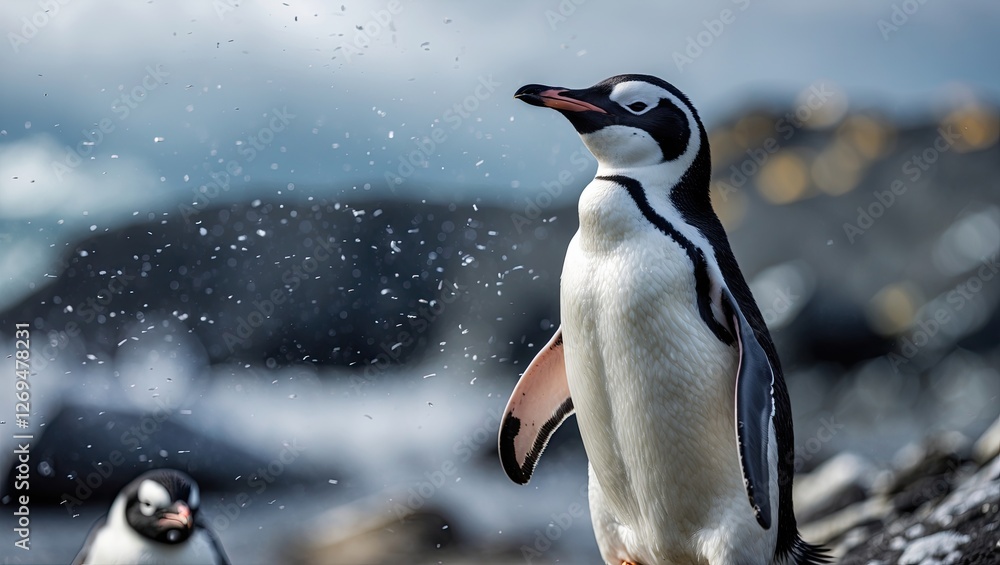 Obraz premium A close-up of a Gentoo penguin standing on a rocky beach, water droplets in the air, with another penguin in the background. The scene captures a