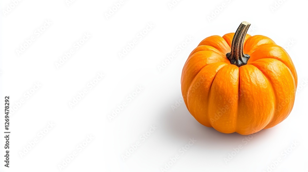 A small orange pumpkin sits on a white surface. The pumpkin is angled, showcasing its textured surface and a small stem. Soft lighting creates a A small orange pumpkin sits on a white surface. The pumpkin is angled, showcasing its textured surface and a small stem. Soft lighting creates a