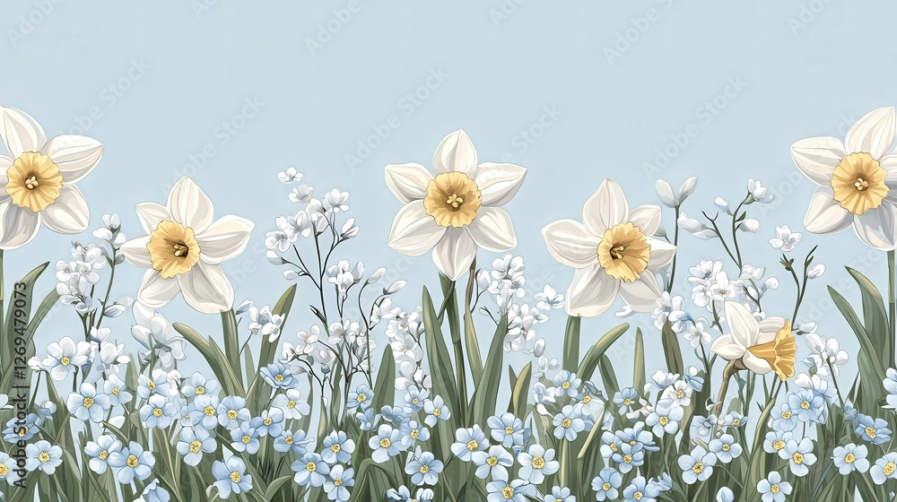 Fototapeta premium Elegant White Daffodils and Delicate Blue Forget-Me-Nots Against Sky Background