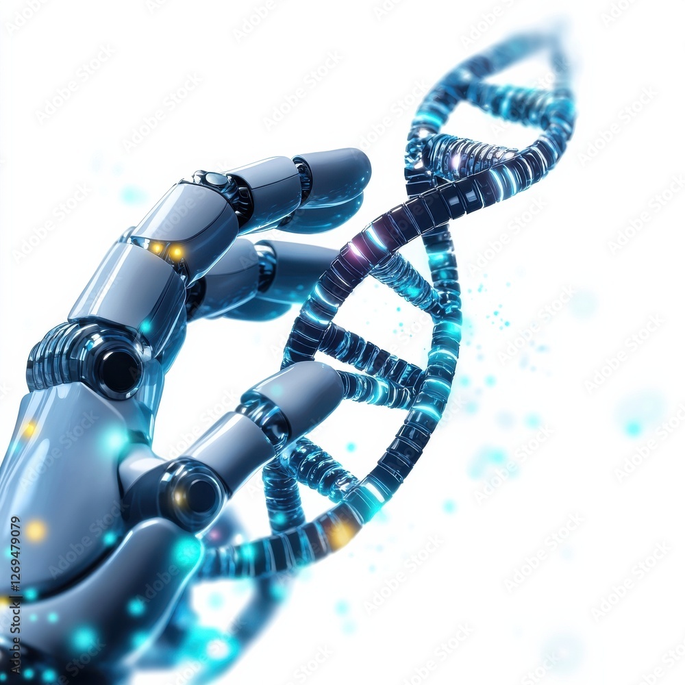 A robotic hand reaches toward a glowing DNA helix, symbolizing the intersection of technology and biology. A robotic hand reaches toward a glowing DNA helix, symbolizing the intersection of technology and biology.
