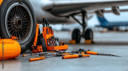 Wallpaper Mural Airplane Maintenance Concept, Detailed View of Neatly Arranged Tools and Equipment on an Airplane Tarmac Torontodigital.ca