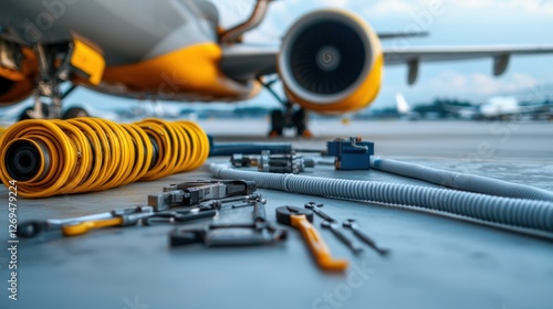 Airplane Maintenance Concept, Detailed View of Hydraulic Systems Under Maintenance with Tools and Equipment in Airport Environment