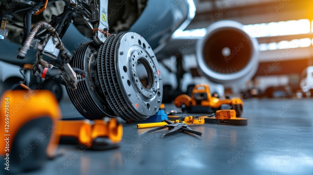 Airplane Maintenance Concept, Detailed View of an Airplane Brake System Under Repair with Tools and Equipment in an Aviation Workshop Airplane Maintenance Concept, Detailed View of an Airplane Brake System Under Repair with Tools and Equipment in an Aviation Workshop